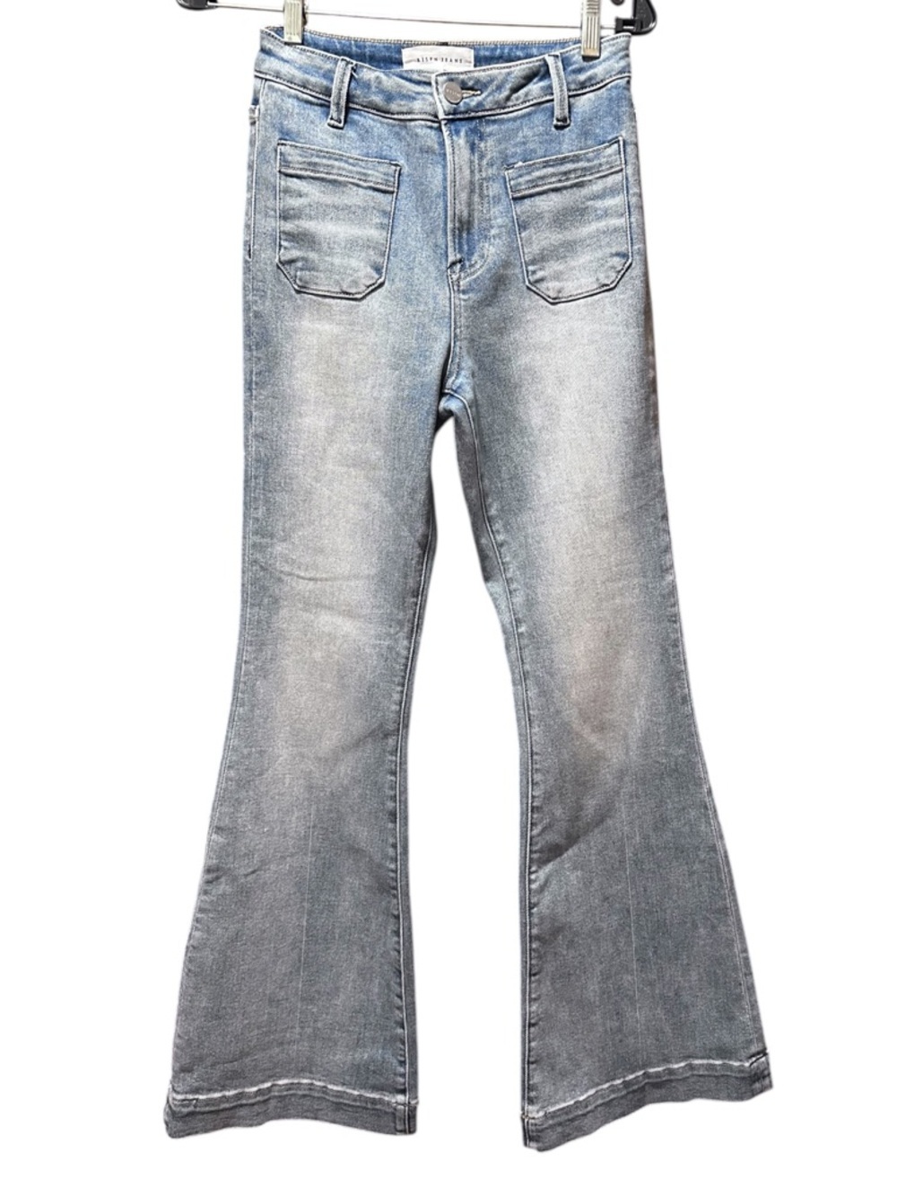 Risen Women's Light Blue Flare Jeans with Front Patch Pockets